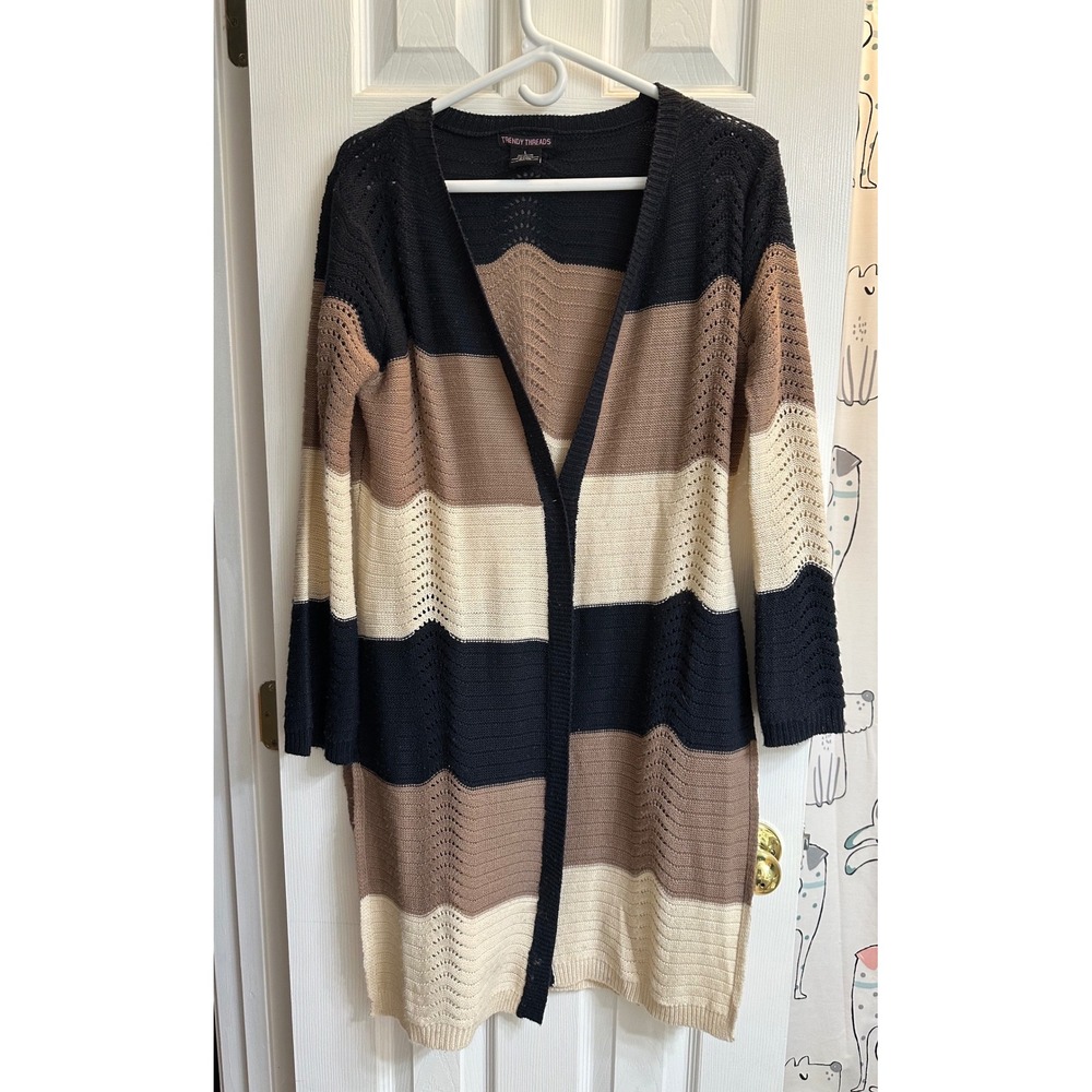Trendy Threads Womens Large Colorblock Striped Pointelle Knit Longline Cardigan